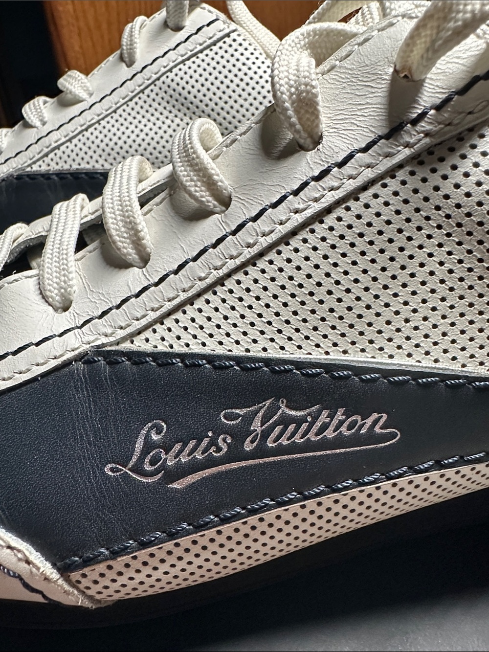 Louis Vuitton AUTHENTIC Men’s White and Navy Perforated Leather Sneakers